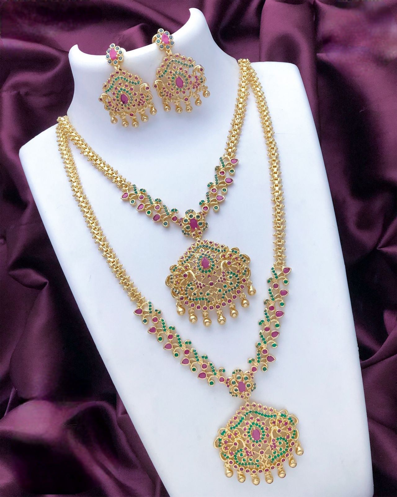 Gold plated American Diamond CZ Ad Haram Long short necklace combo, South Indian Jewelry set, Bollywood fashion Necklace