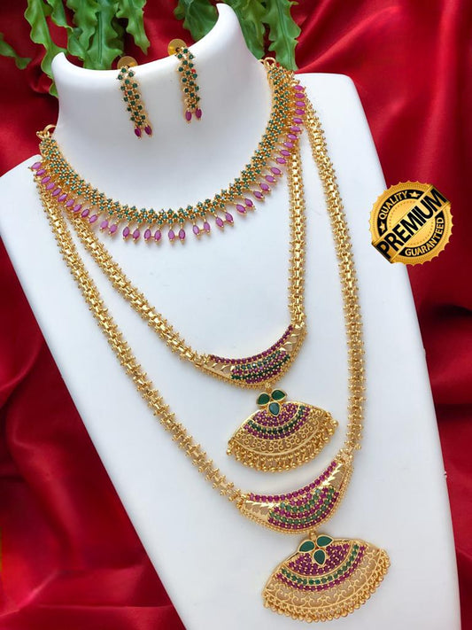Long and short necklace combo set | Traditional gold plated long, Medium and short necklace designs | South Indian Style wedding jewelry set