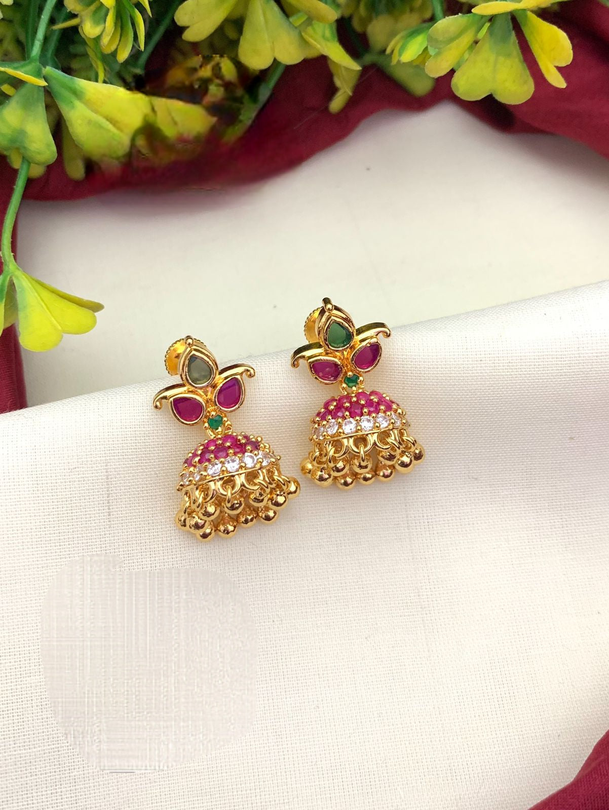American Diamond Small Gold jhumka Earrings with Ruby Emerald CZ color stones