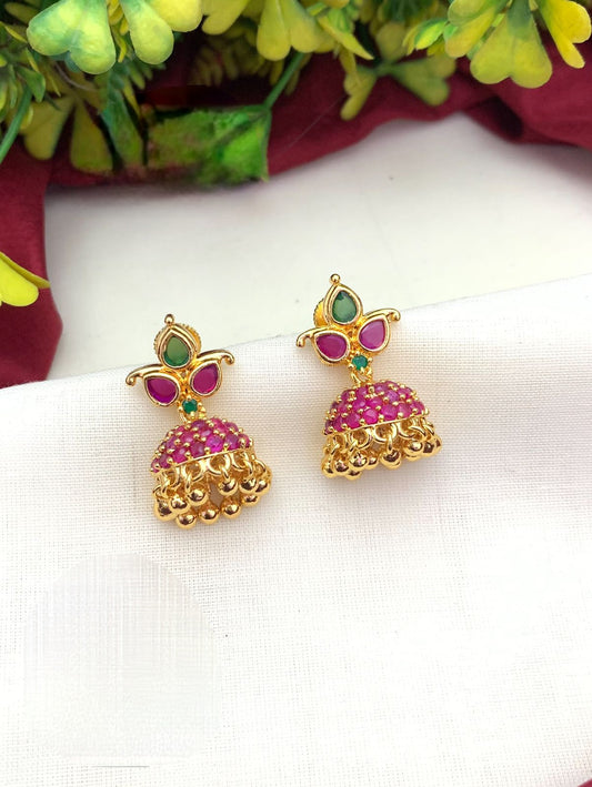 American Diamond Small Gold jhumka Earrings with Ruby Emerald CZ color stones