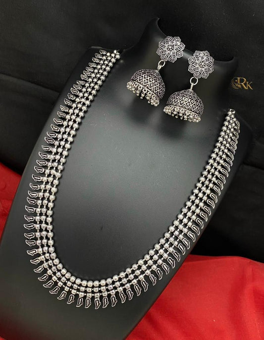Oxidized Silver Indian Jewelry | German Silver long necklace and jhumka Earrings | Boho necklace | Oxidized Long mala haram