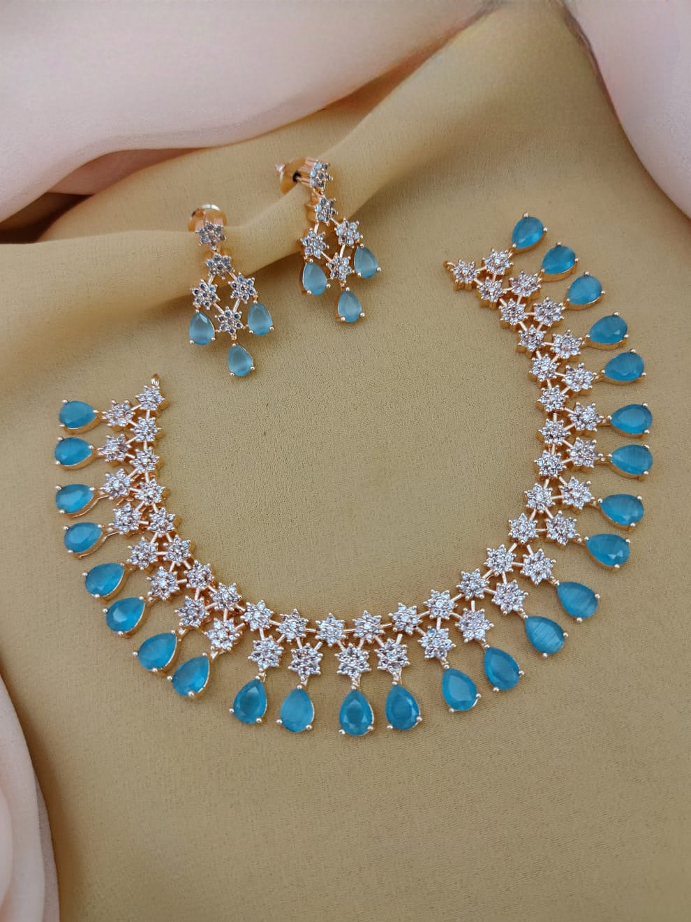 Gold Plated American Diamond CZ crystal star necklace Earring set | Sky Blue stone Necklace | Indian jewelry | Gift for Her