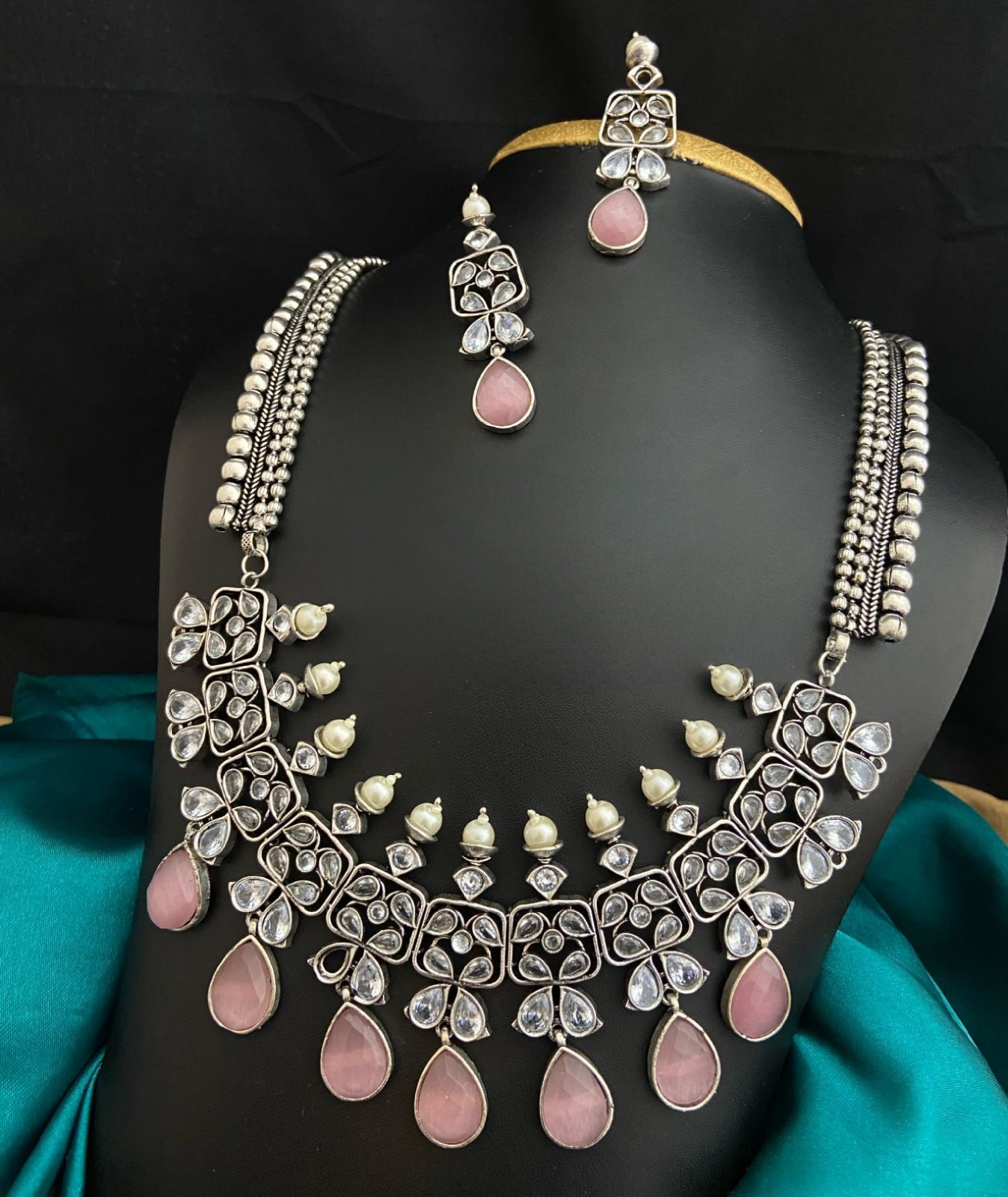 Premium Quality German Silver Long Necklace set | Indian Wedding Jewelry | Indian Bollywood Style Fashion Wedding Silver Plated Necklace Earrings Party Jewelry Set