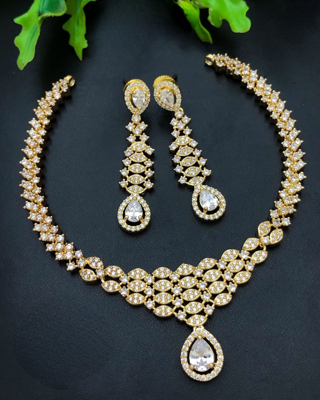 Gold Plated Cz American Diamond necklace Earring set | Indian Bollywood Jewelry | Trending Party necklace Earring set | Bridesmaid Gift