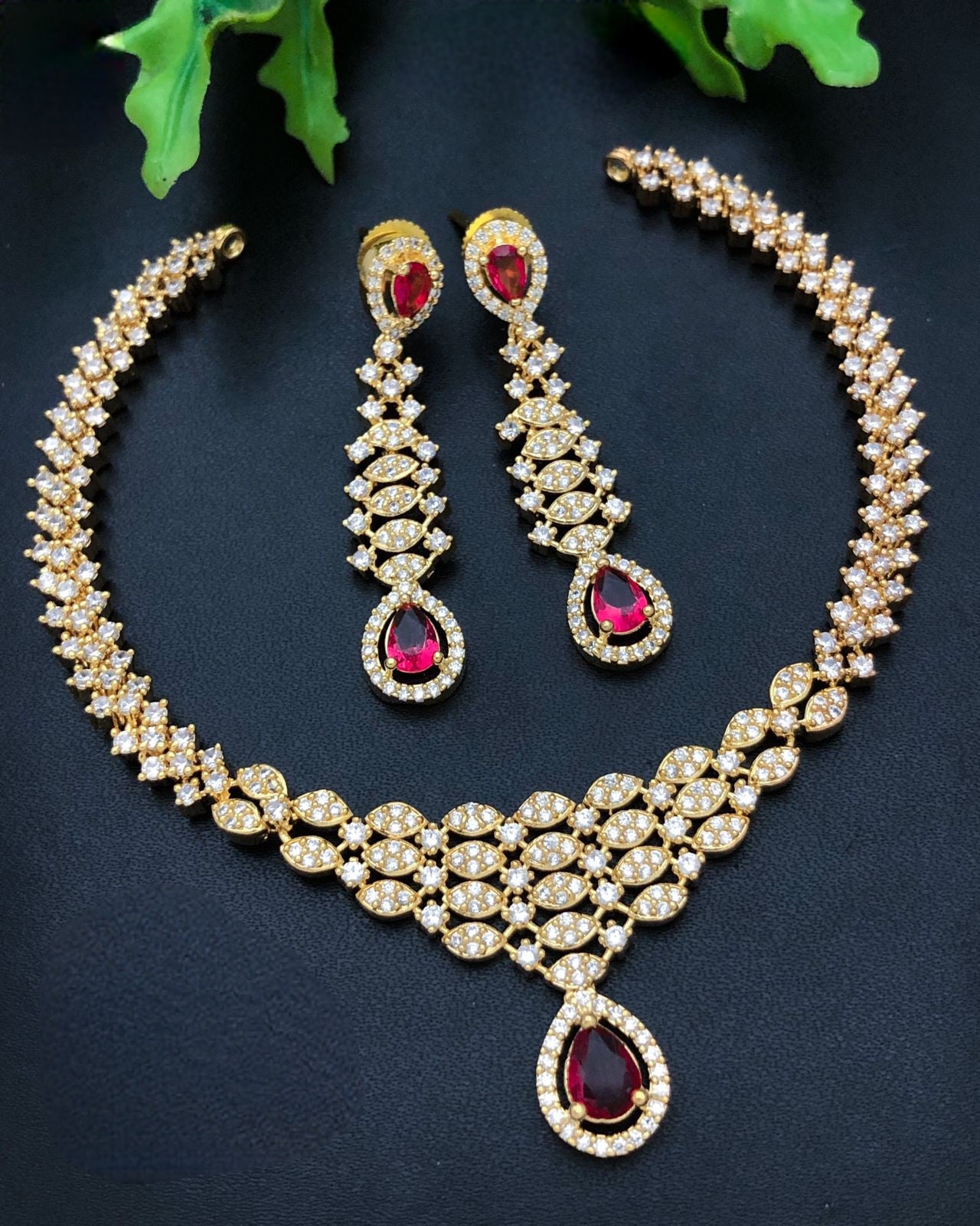 Gold Plated Cz American Diamond necklace Earring set | Indian Bollywood Jewelry | Trending Party necklace Earring set | Bridesmaid Gift