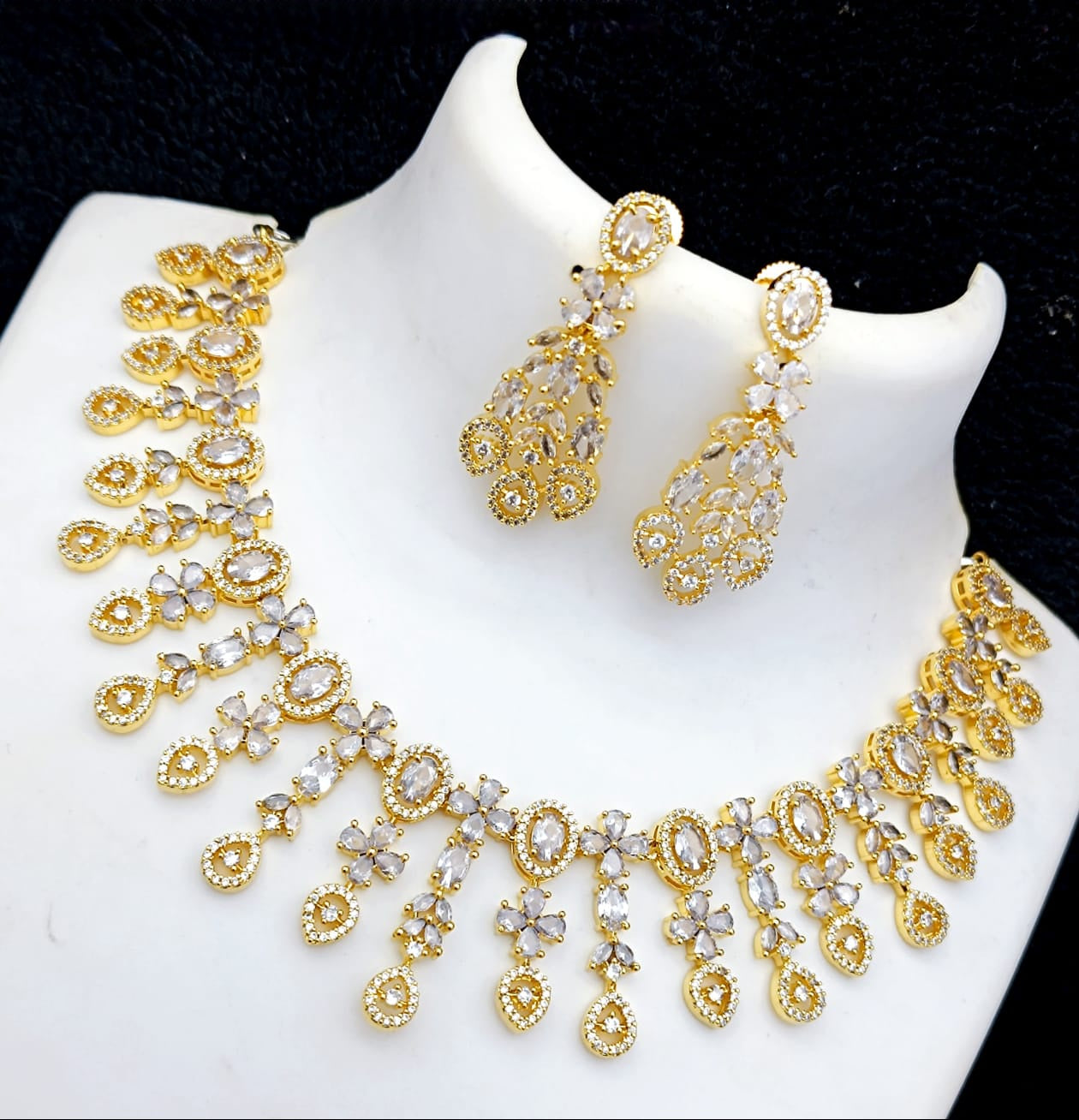 Exclusive Design American Diamond Gold tone necklace Earring set | Blue Sapphire CZ Wedding Jewelry necklace set | Baby Pink CZ Diamond Indian Jewelry