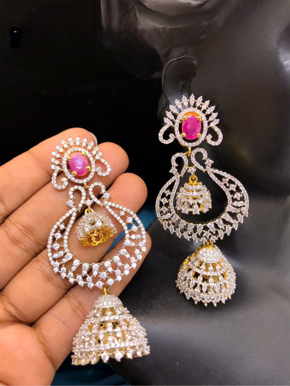 Gorgeous Chandbali Long Jhumka Earrings | South Indian Style CZ stone Jhumka | Bollywood Earrings | Pakistani style Jhumka | Party Earrings