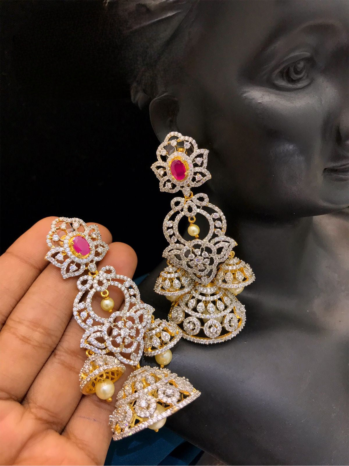 Indian jewelry Jhumka earrings | CZ American Diamond Long  Jhumki drop earrings | Bollywood fashion jewelry AD earrings |Party wear earrings