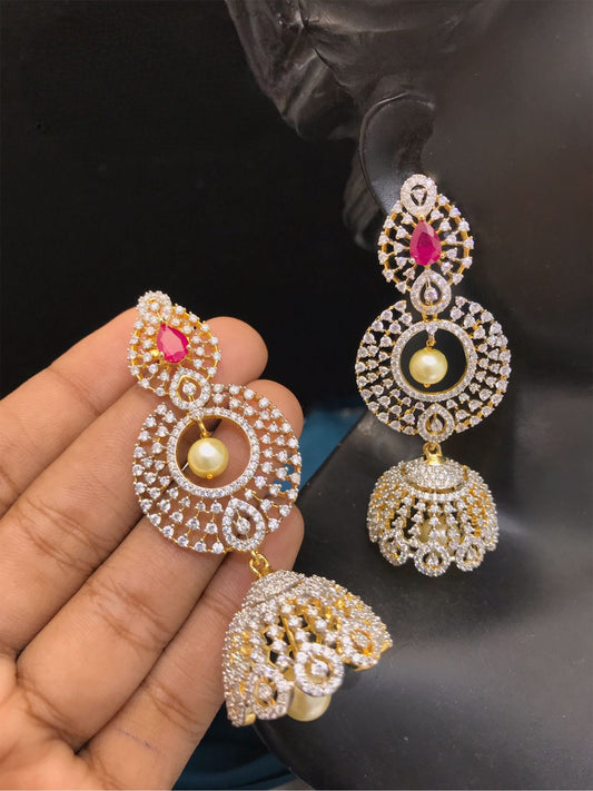 American Diamond Gold Plated Wedding bridal Jhumka Jhumki | South Indian Style Jhumka Earrings | Chandbali Jhumki | Indian Wedding Earrings