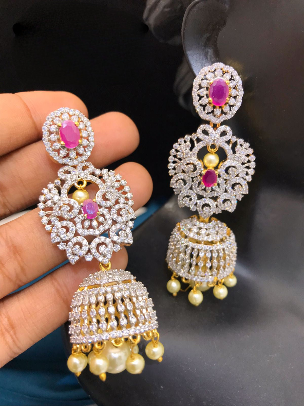 American Diamond Gold Plated Long AD Emerald Green Jhumka | South Indian Style Jhumka Earrings | Chandbali Jhumki | Indian Wedding Earrings