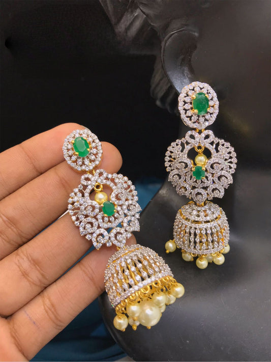 American Diamond Gold Plated Long AD Emerald Green Jhumka | South Indian Style Jhumka Earrings | Chandbali Jhumki | Indian Wedding Earrings