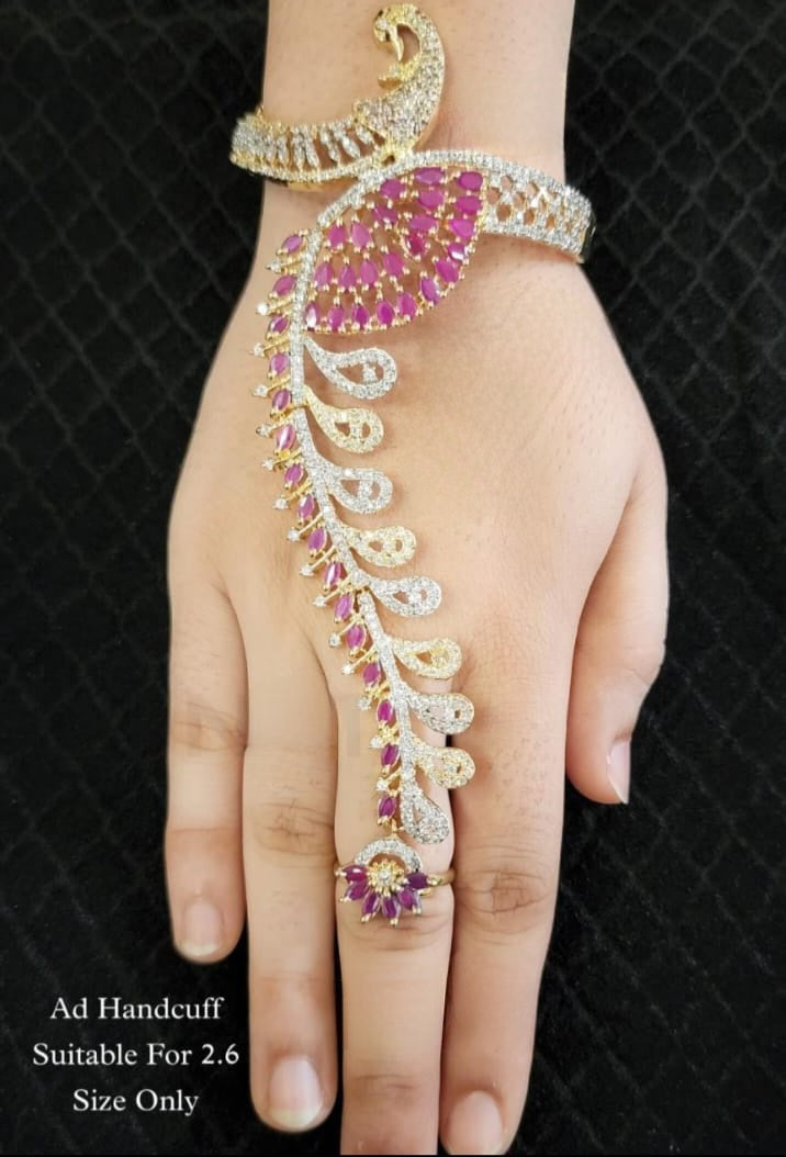 2.6 Size American Diamond Bridal hath Panja design | Hath Phool Indian Pakistani wedding jewelry | Bangle style ring bracelet combination