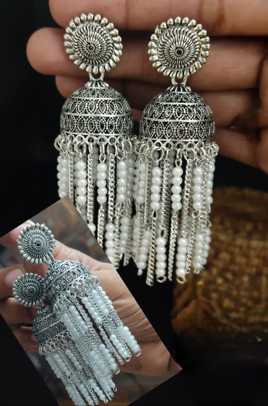 Oxidized German Silver Long Jhumka Earrings | Party wear Jhumka Jhumki Earrings | Silver Look alike Boho earrings | Indian Bollywood Oxidized dangler Earrings