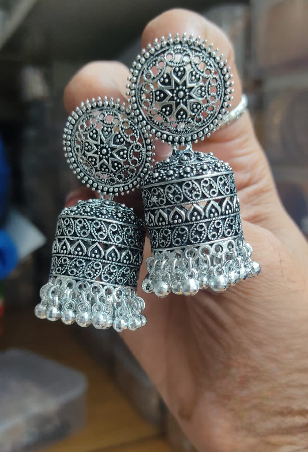Antique Silver Oxidized Turquoise Long Jhumka Earrings | Bollywood Boh –  Indian Designs