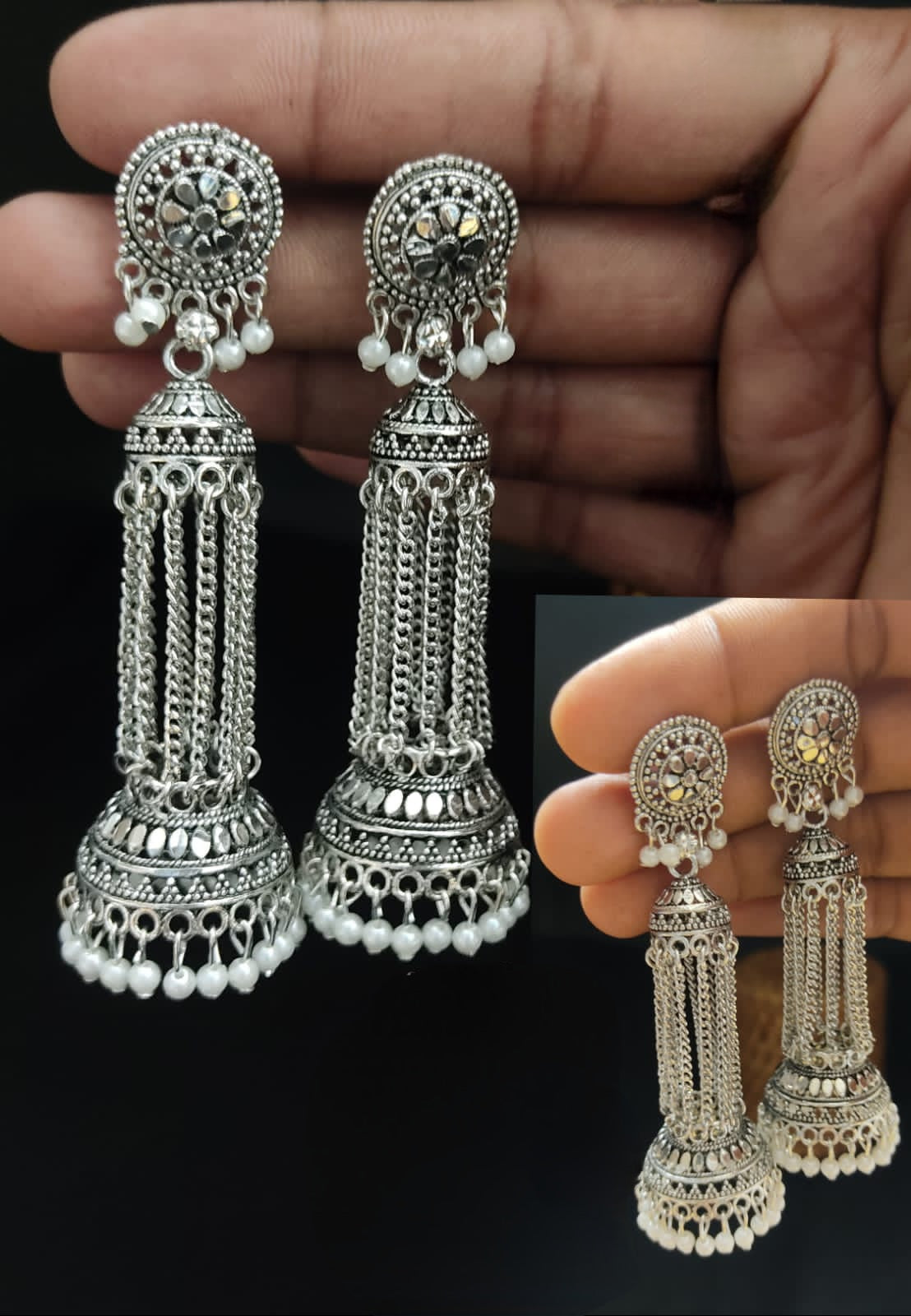 Oxidized German Silver Long Jhumka Earrings | Party wear Jhumka Jhumki Earrings | Silver Look alike Boho earrings | Indian Bollywood Oxidized dangler Earrings