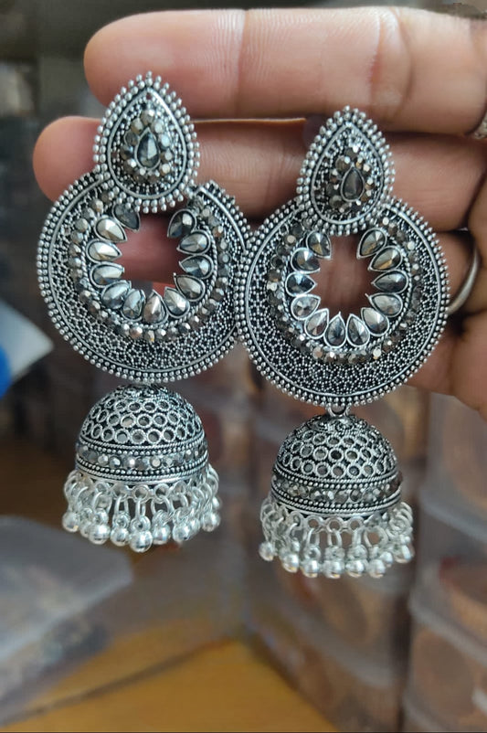 Oxidized German Silver Jhumka Earrings | Party wear Jhumka Jhumki Earrings | Silver Look alike Boho earrings | Indian Bollywood Oxidized dangler Earrings