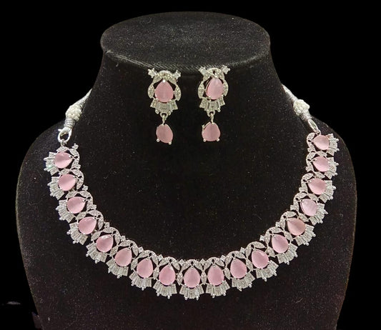 Pink American Diamond choker Necklace Earring set | Silver Finish CZ Diamond Silver choker |Pink AD set \ Gift for her