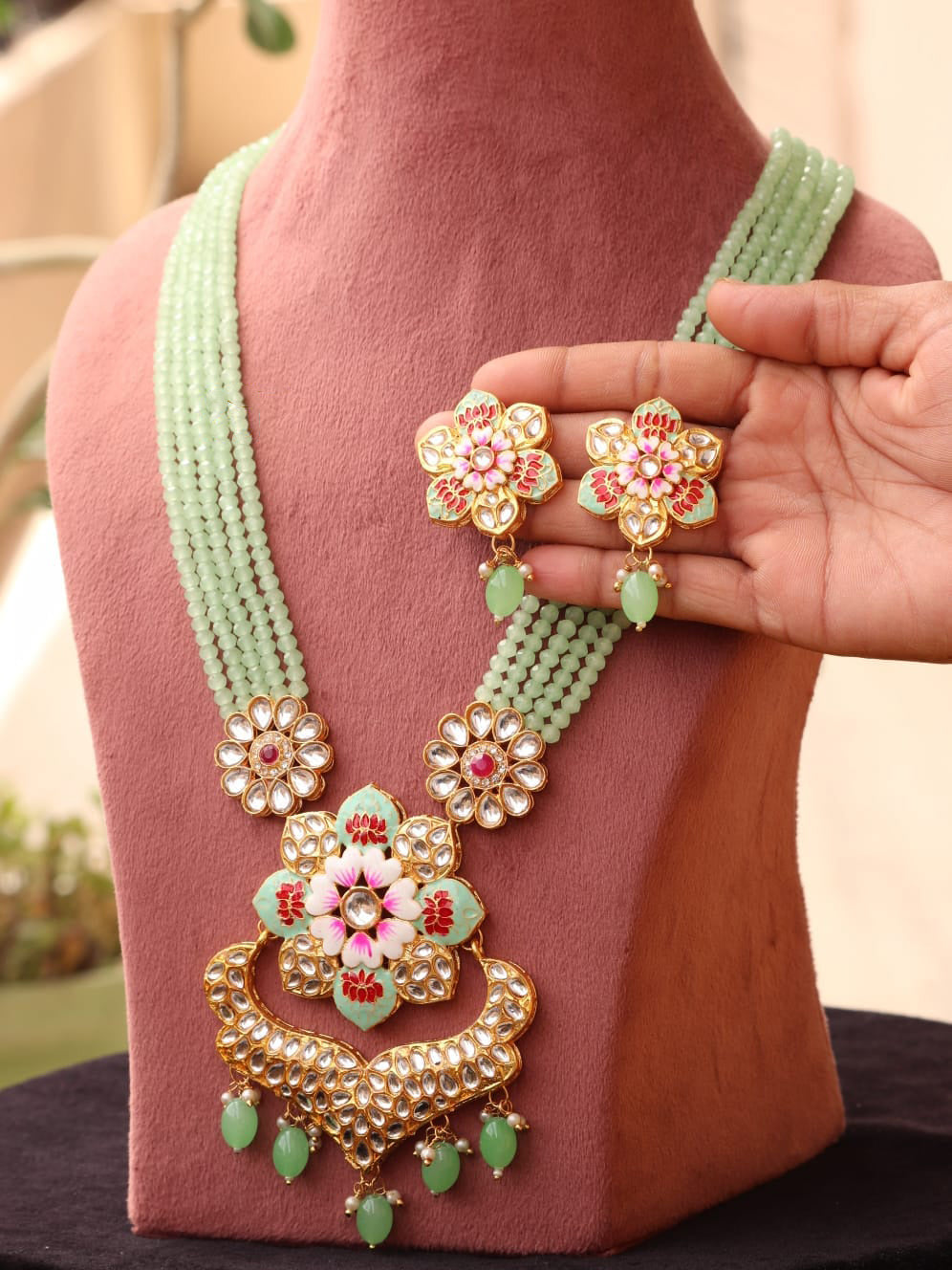 Multi strand crystal bead necklace and kundan pendant earring set | Gold plated Meenakari work Floral Rajwadi Kundan Pendant Handcrafted Indian jewelry