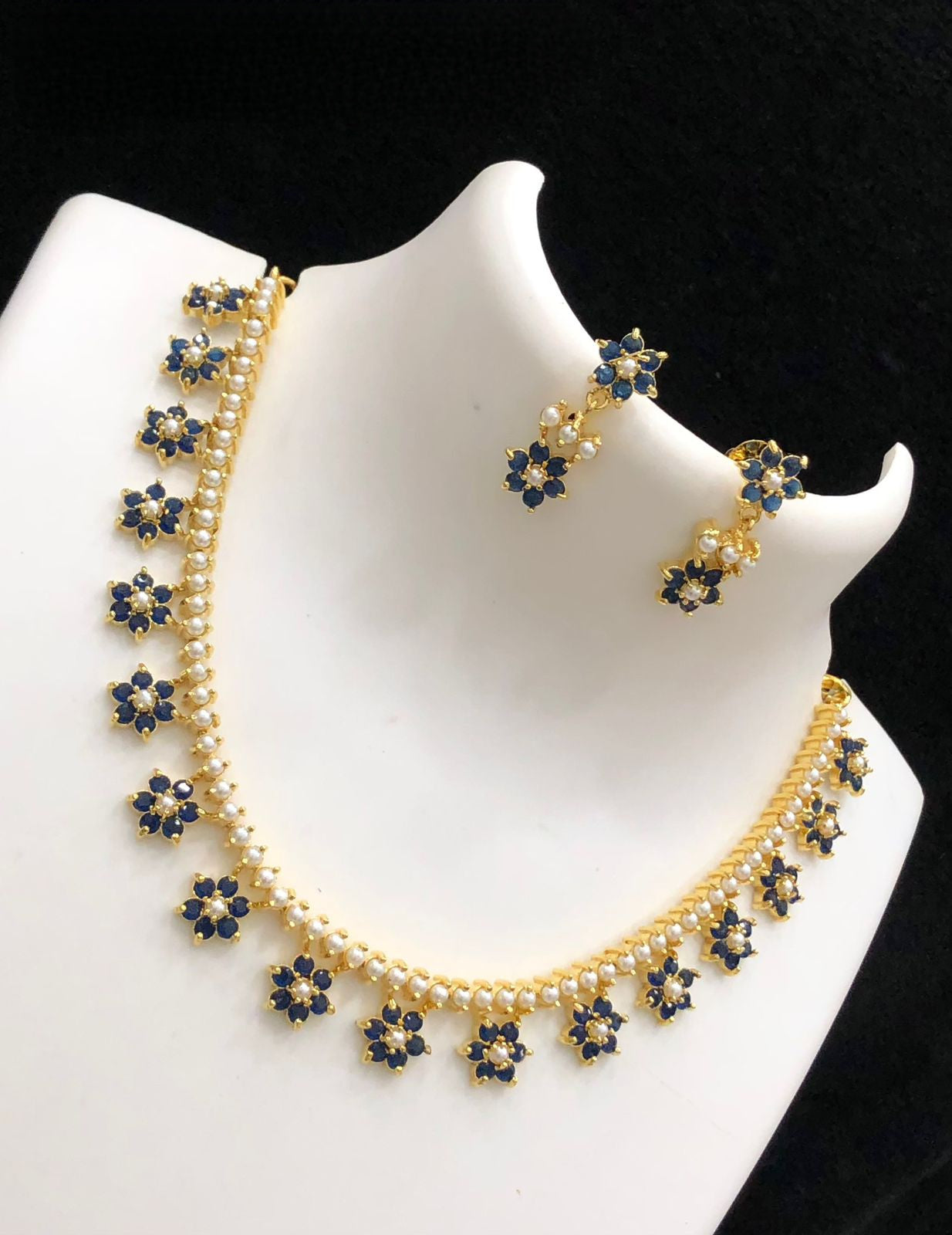 Gold Plated Floral Coral and Pearl small choker necklace Earrings | Sapphire Blue CZ stone flower necklace | Light weight Daily wear jewelry