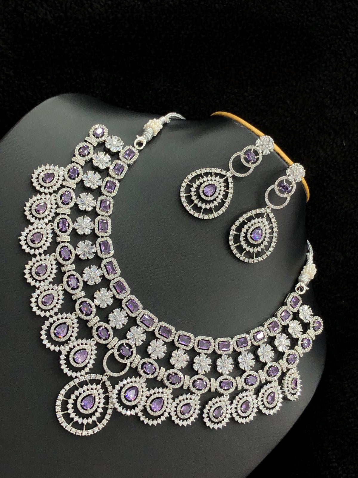 Luxury American Diamond bridal Necklace Earring set | Dual tone CZ Wedding Choker Necklace | Purple,Ruby,Emerald AD stone Statement Jewelry