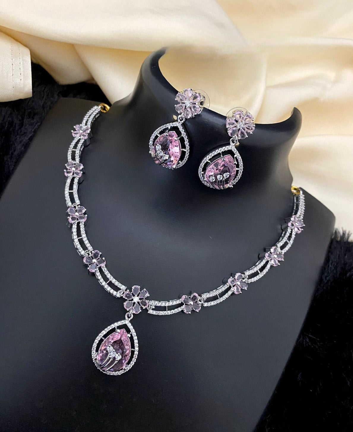 Buy Saraf RS Jewellery White Rhodium Plated Pink AD Studded Necklace with Earrings  Jewellery (Set of 2) Online
