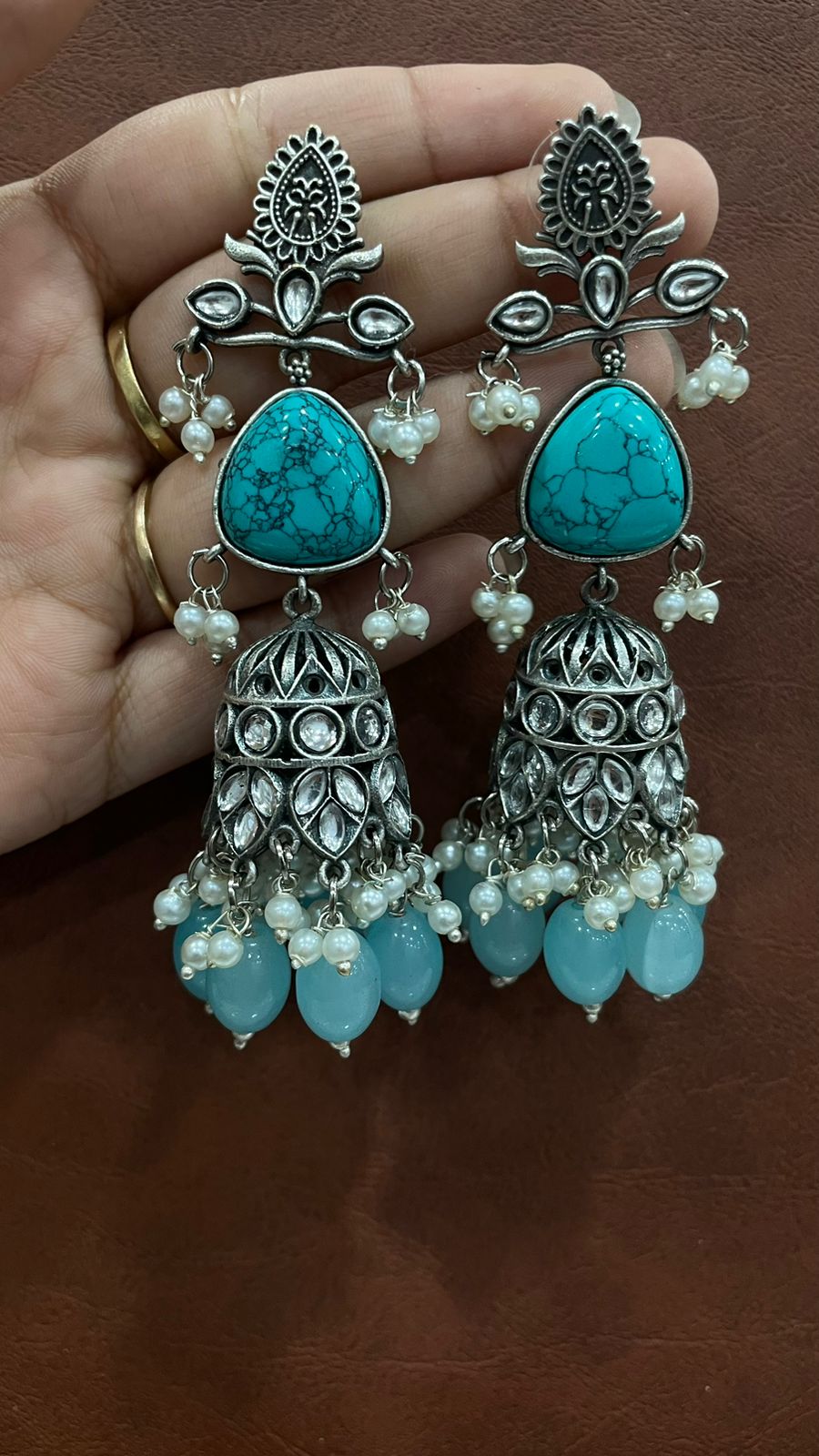 Antique Silver Oxidized Turquoise Long Jhumka Earrings | Bollywood Boho Indian Ethnic Jhumka Jhumki | Handmade German silver Dangle Earrings