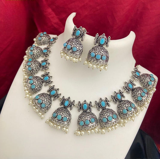 Silver Oxidized Skyblue stone German Silver necklace with Jhumka Earrings |Stone Studded Jhumki Necklace with faux pearl drops |Gift for her