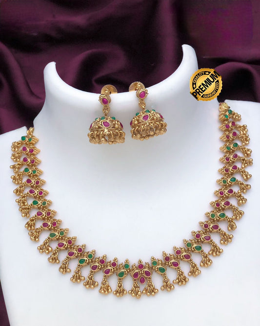 Exclusive South Indian style matte Gold necklace with Ruby Emerald stones and Jhumka Earrings | Simple choker Indian Temple Jewelry necklace | Gift for her