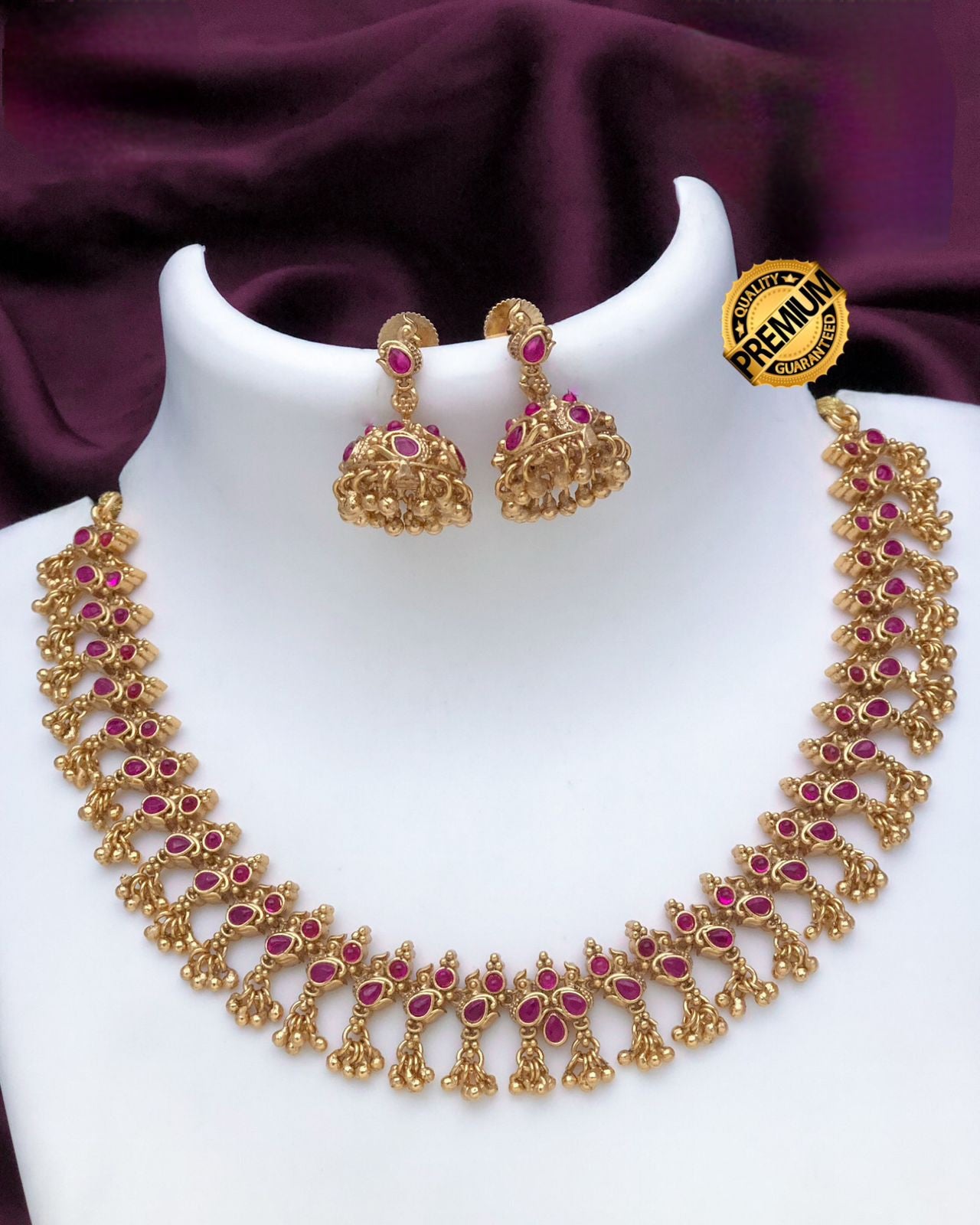 Exclusive South Indian style matte Gold necklace with Ruby Emerald stones and Jhumka Earrings | Simple choker Indian Temple Jewelry necklace | Gift for her