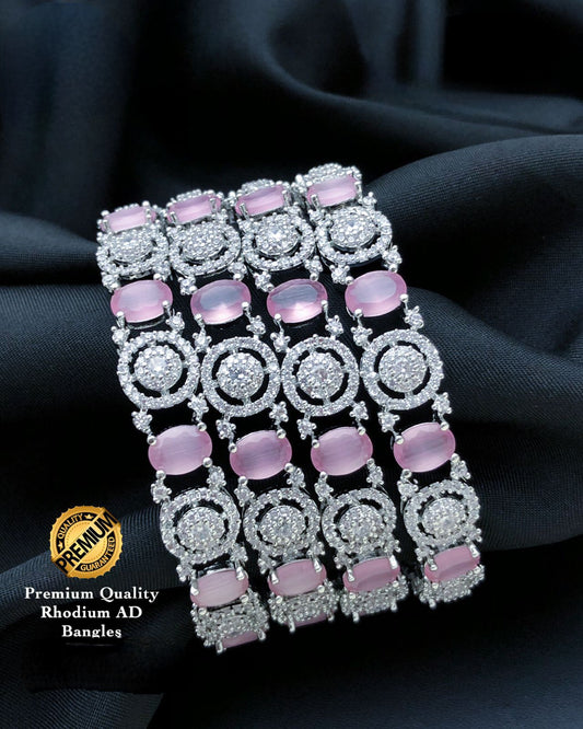 Silver Plating Rhodium tone Baby Pink CZ and White Crystal Bangle bracelet |American diamond Oval shape Baby Pink stone bangles pair 4 Pcs