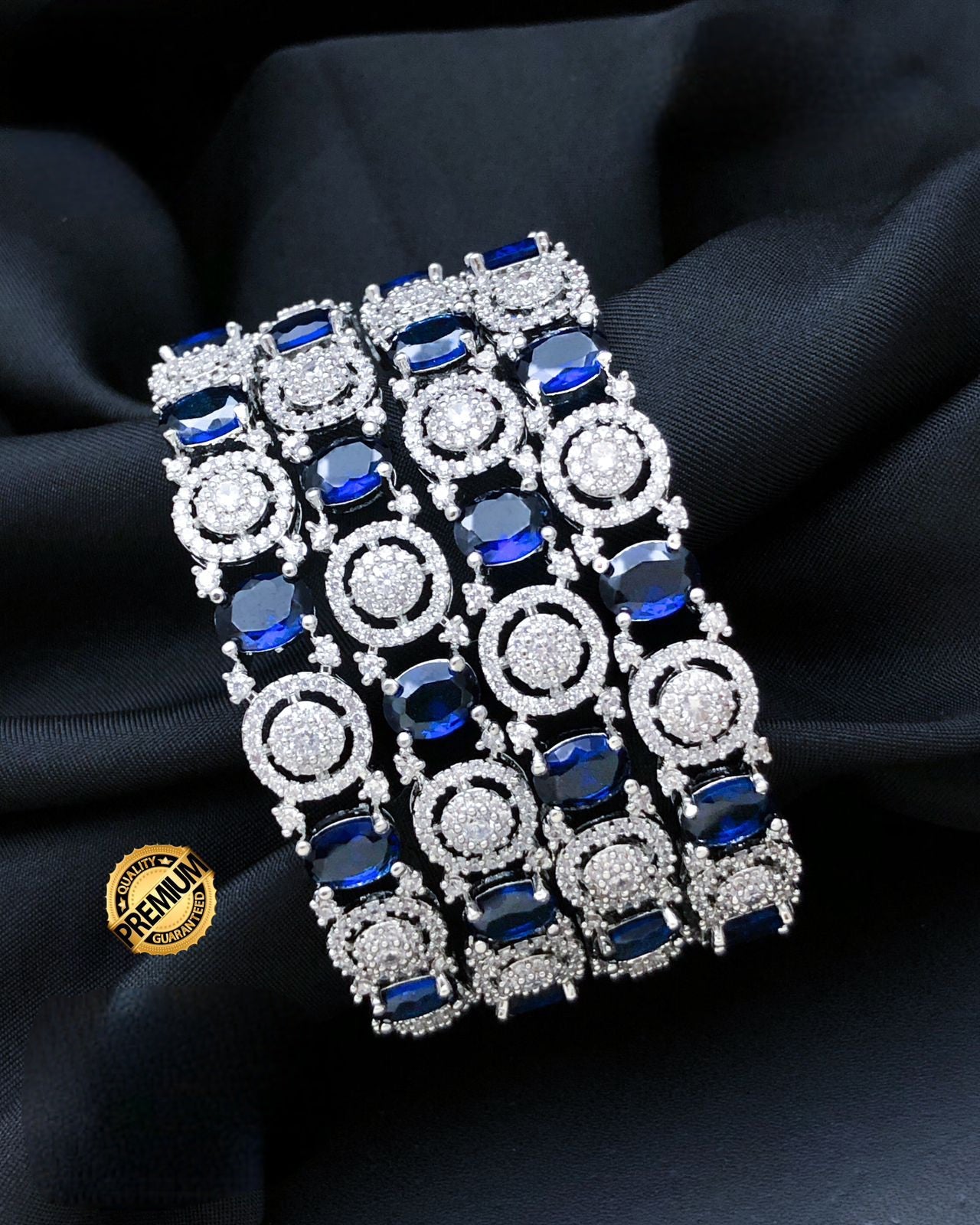 Silver Plating Rhodium tone Blue Sapphire CZ and White Crystal Bangle bracelet |American diamond Oval shape Blue stone bangles pair 4 Pcs