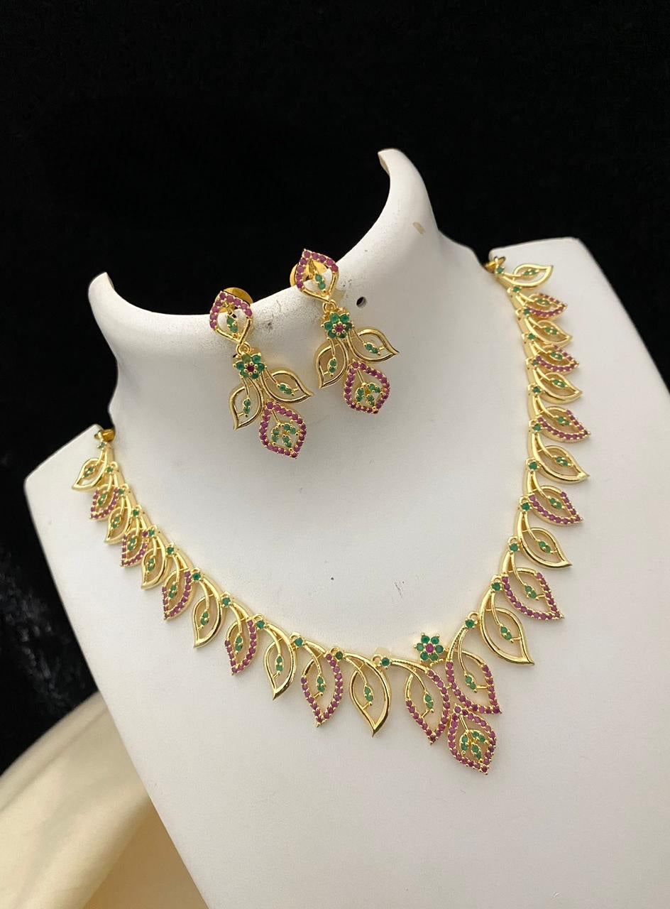 Elegant Gold Plated Necklace Indian jewelry | Gold Plated leaf Design Necklace | Traditional south indian gold necklace designs for Sari