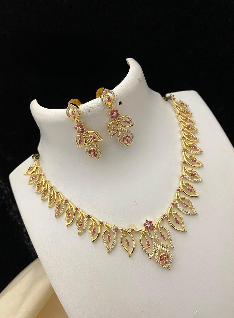 Elegant Gold Plated Necklace Indian jewelry | Gold Plated leaf Design Necklace | Traditional south indian gold necklace designs for Sari