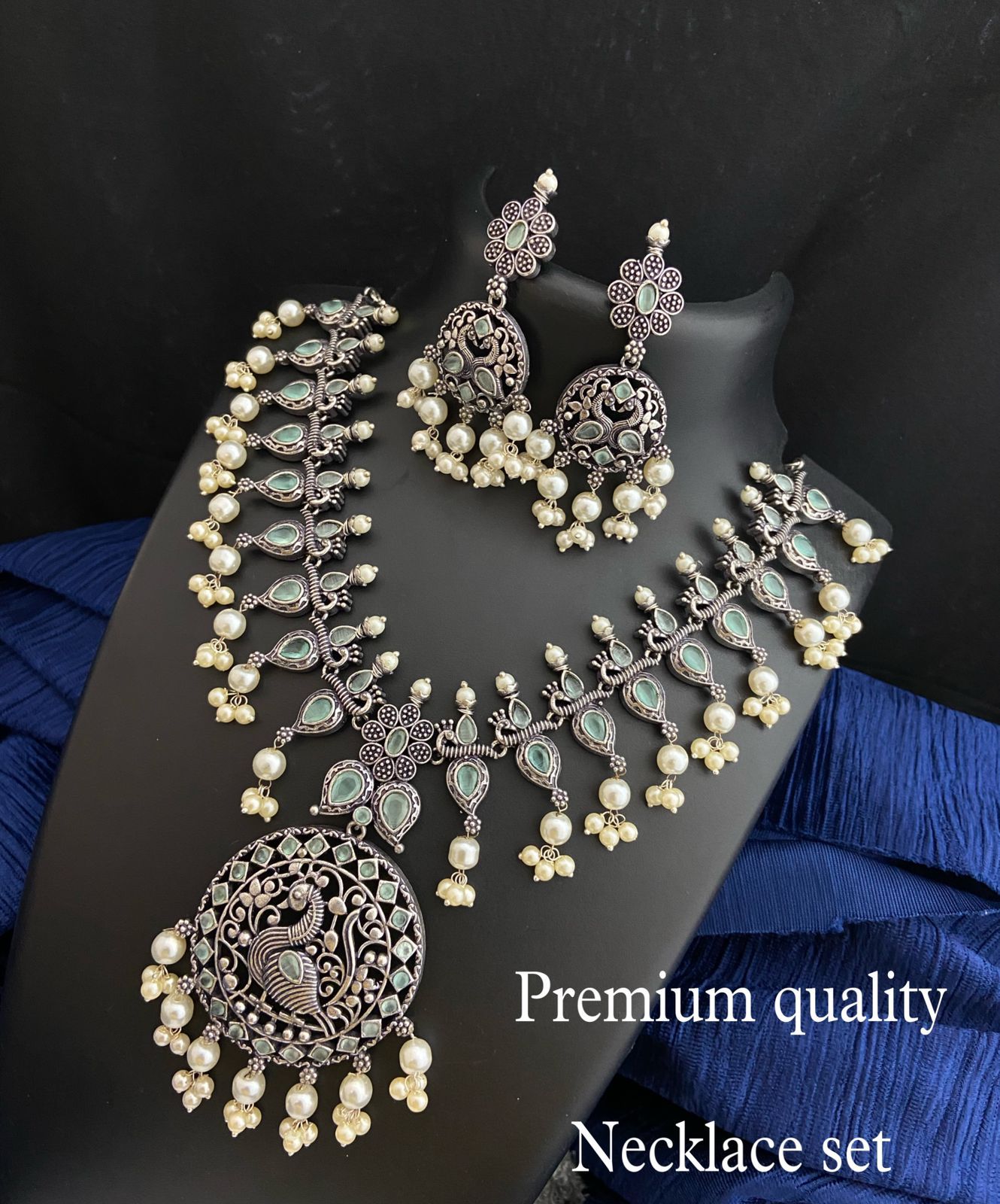 Trendy Indian Oxidized Necklace earring set with color stones | Antique look Bollywood Style German Silver Peacock Design Temple jewelry set