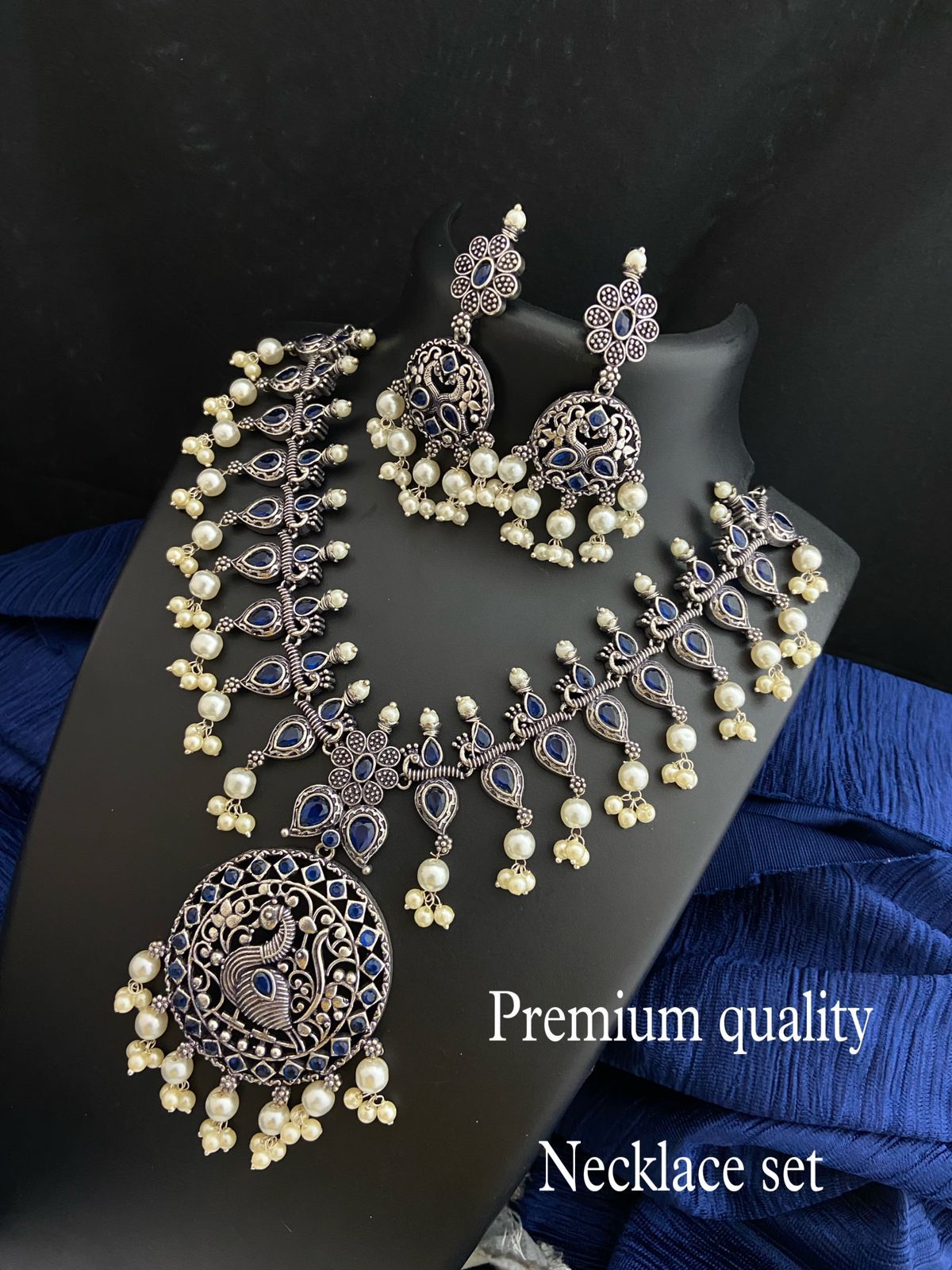 Trendy Indian Oxidized Necklace earring set with color stones | Antique look Bollywood Style German Silver Peacock Design Temple jewelry set