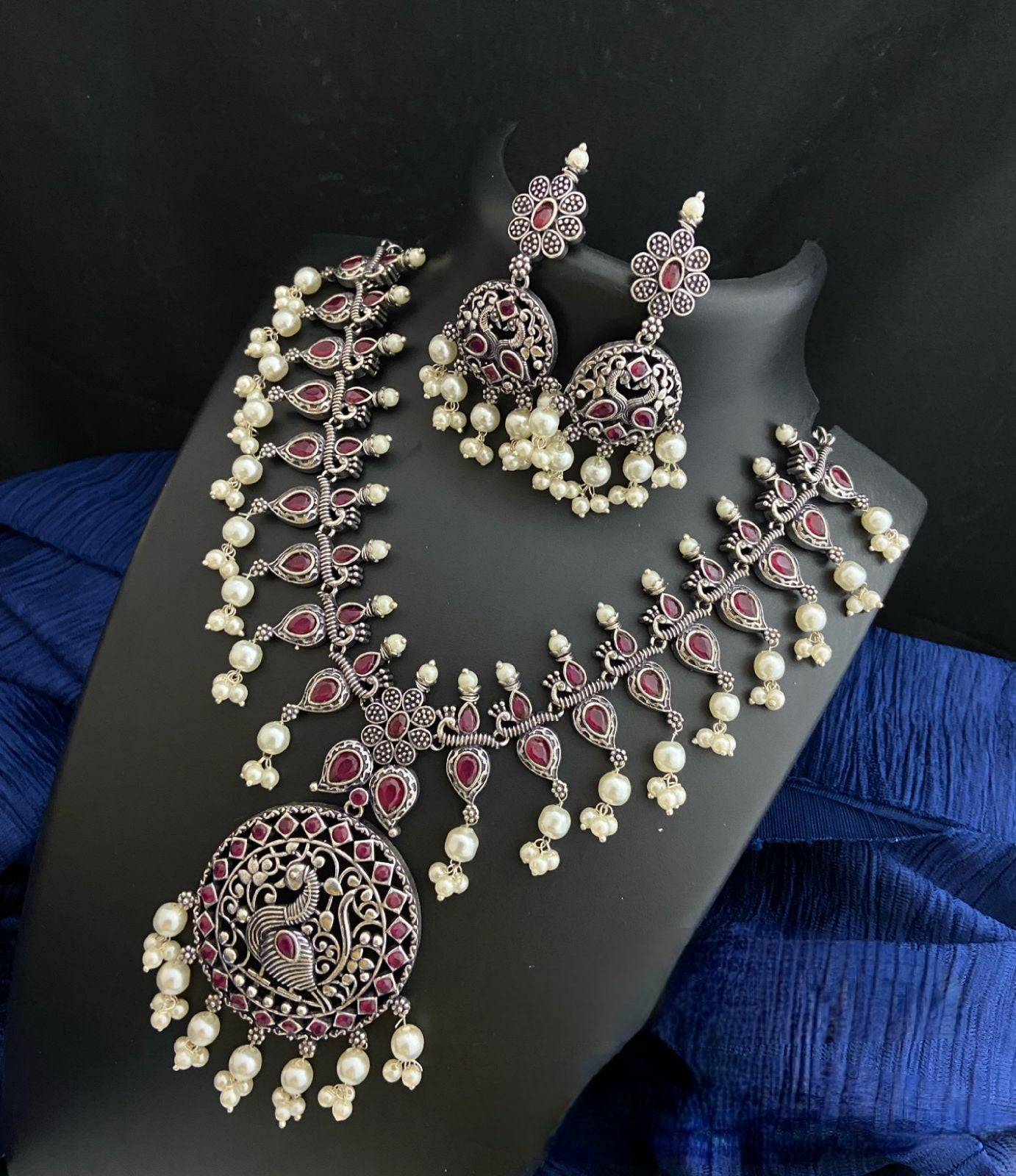 Trendy Indian Oxidized Necklace earring set with color stones | Antique look Bollywood Style German Silver Peacock Design Temple jewelry set