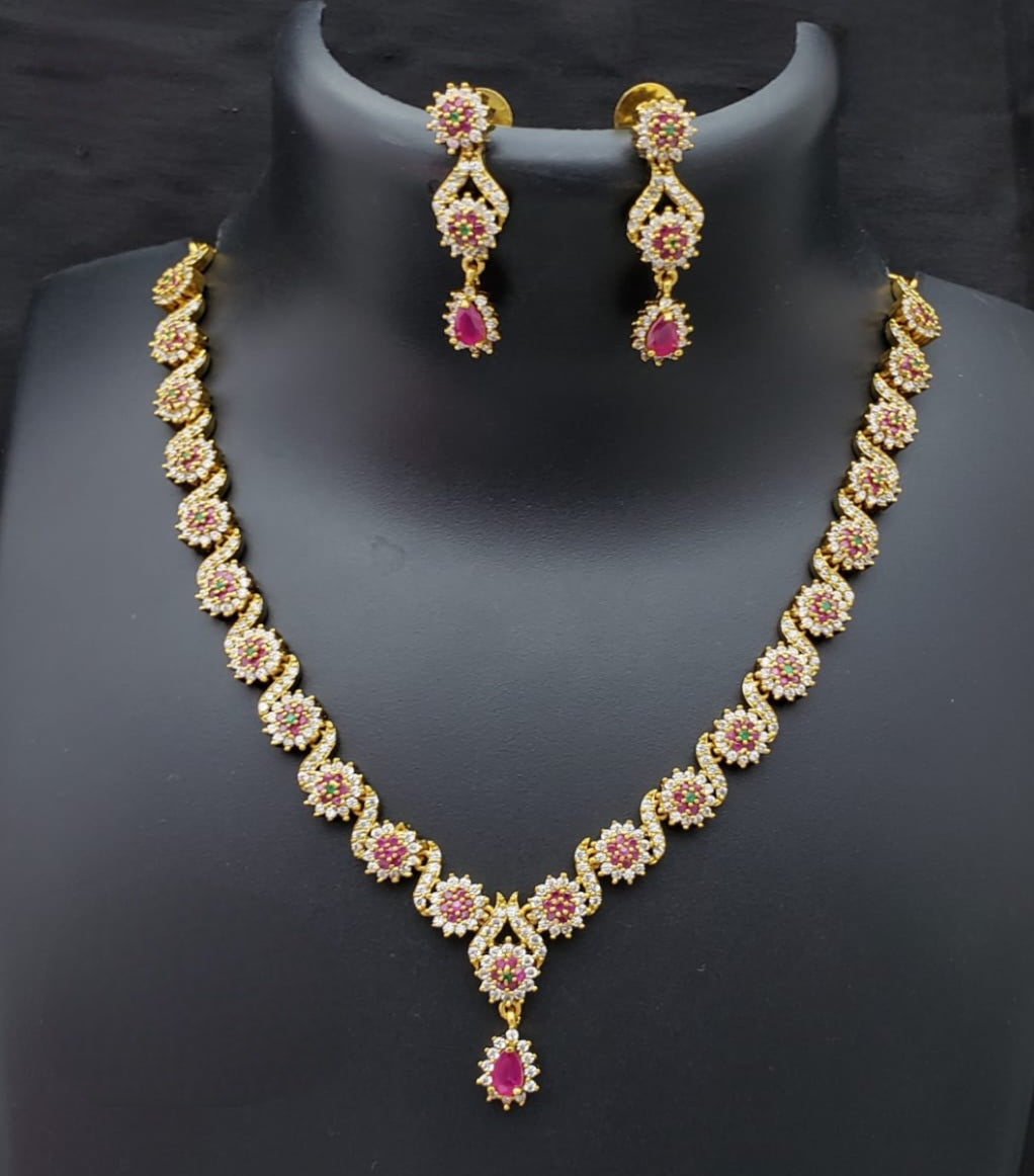 Matte Gold Ruby white American diamond South Indian Style necklace Earring set | Indian Designs Jewelry |Matte finish Indian Wedding Jewelry