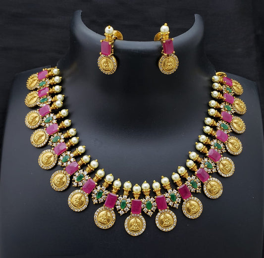 Gorgeous American Diamond matte gold kasu mala Lakshmi Coin Necklace |Indian Temple Jewelry | Ruby, emerald & pearls Lakshmi Choker Necklace