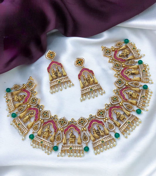 Exclusive Matte Gold Indian Traditional Wedding Necklace Earring set Temple jewelry Design | American Diamond Ruby Emerald and pearl Choker