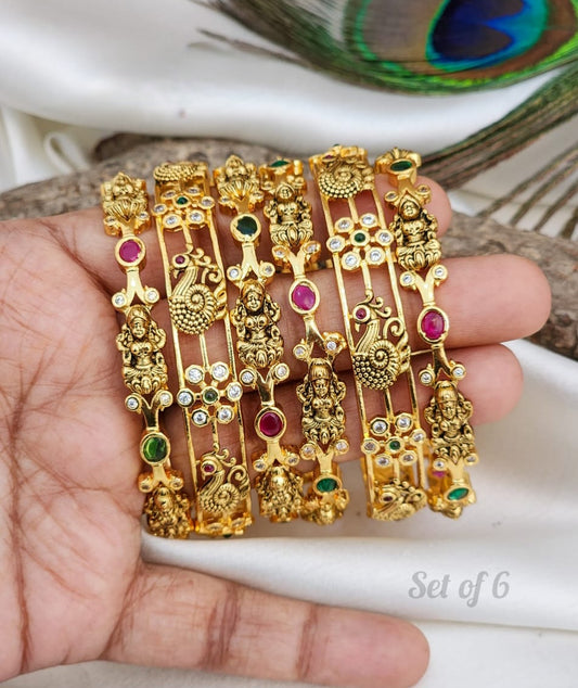 Multi color AD kemp stone Lakshmi Bangles Set of 6 |South Indian Temple jewelry Gold bangle set with Kemp stones|Traditional Wedding Bangles