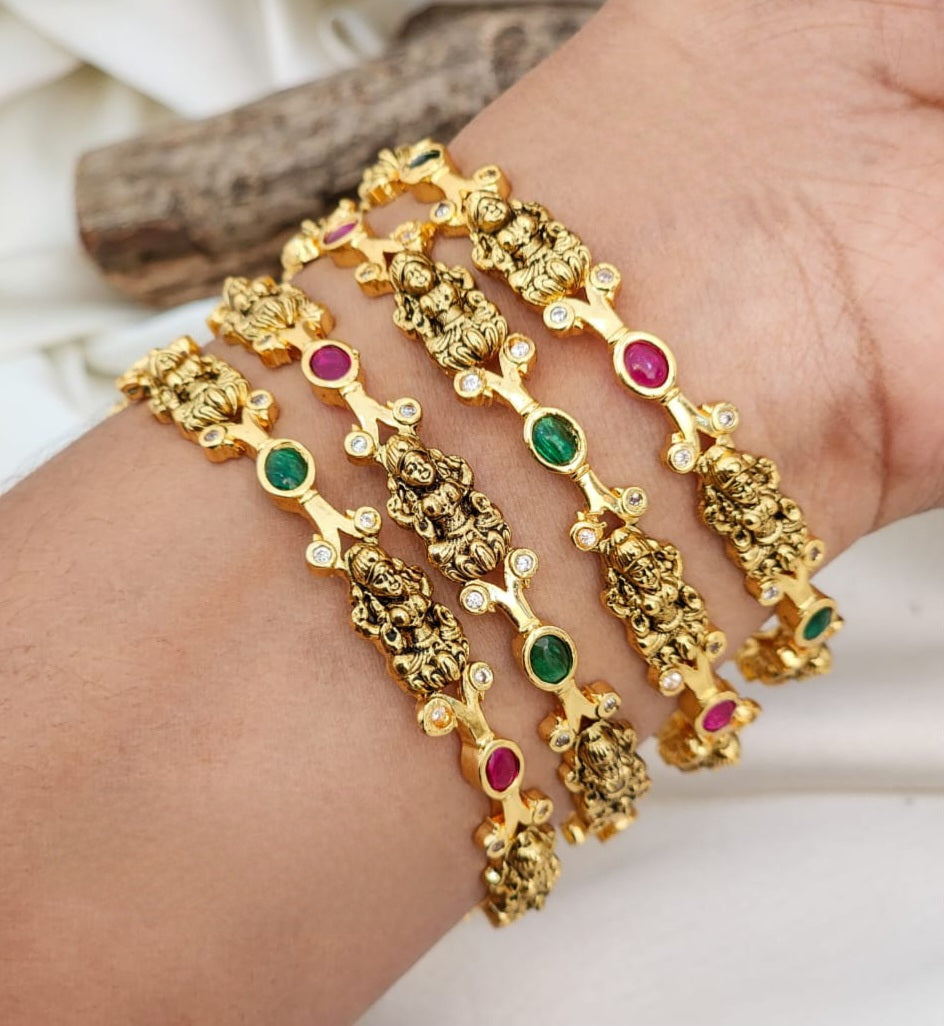 Ruby Emerald CZ stone lakshmi bangles set of 4|South Indian Temple jewelry Gold tone bangle set with Kemp stones|Traditional Wedding Bangles