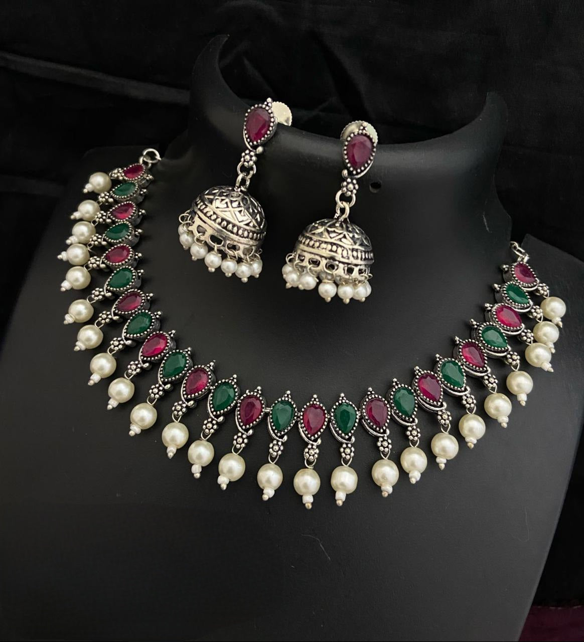 Trendy Oxidized German silver small Choker necklace with Jhumka Earrings | Guttapusalu Necklace and Earrings | Green Pink Blue stone necklace
