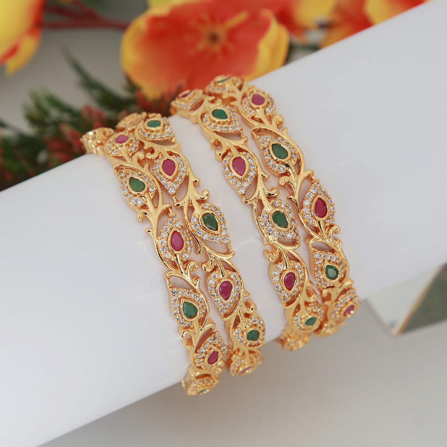 Gold Plated American Diamond CZ AD bangles set of 4 | Ruby Emerald white stone Leaf Design bangles|Indian Bollywood style Party wear jewelry