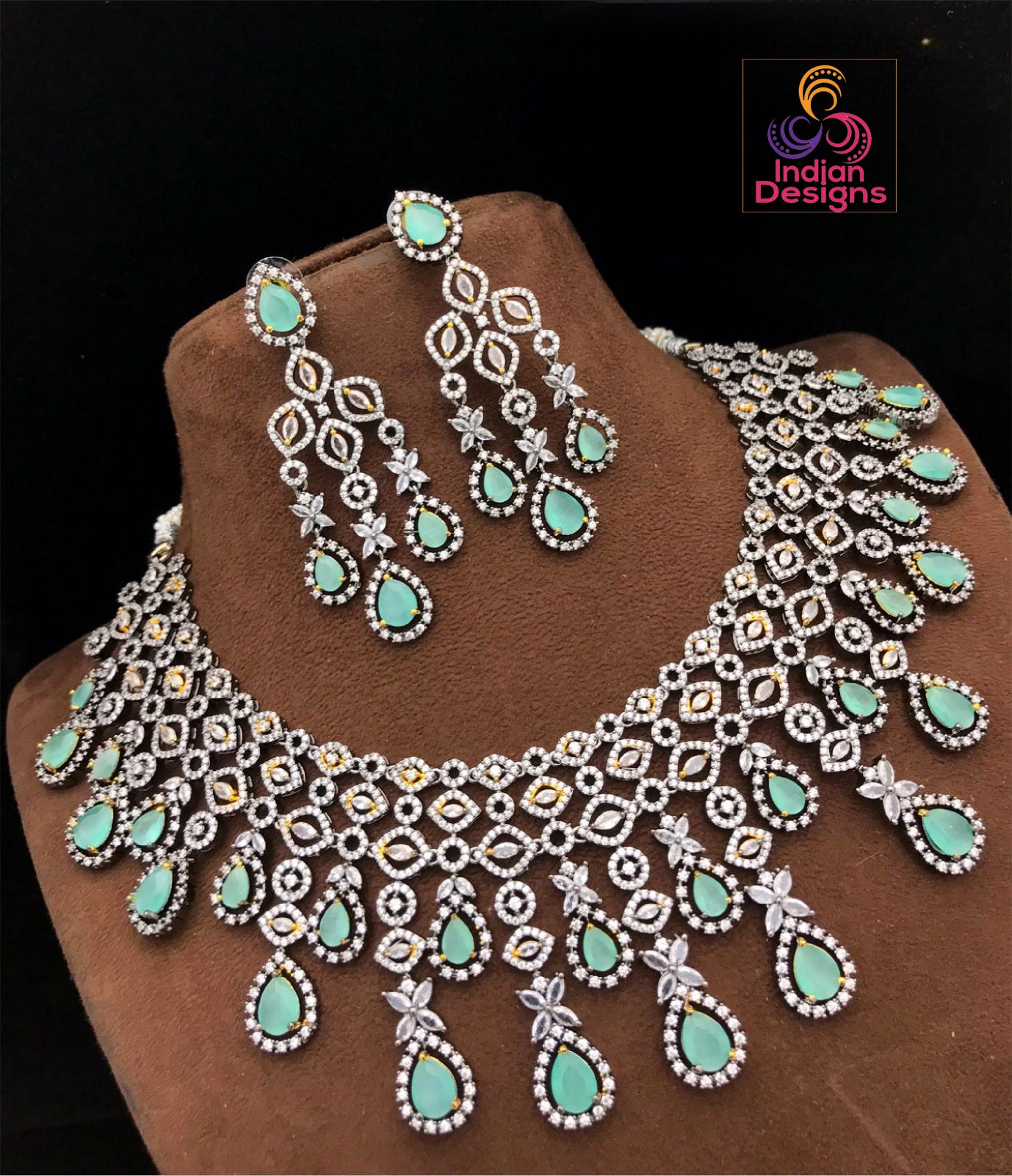 Luxury Victorian Finish American Diamond Wedding Jewelry | Statement Necklace | Indian Bollywood Style CZ Diamond Choker set | Gift for her