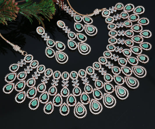 Rose gold American Diamond Mint Green Wedding Choker necklace with Maang tikka | Indian Bollywood style CZ Necklace and Tikka Jewelry Set
