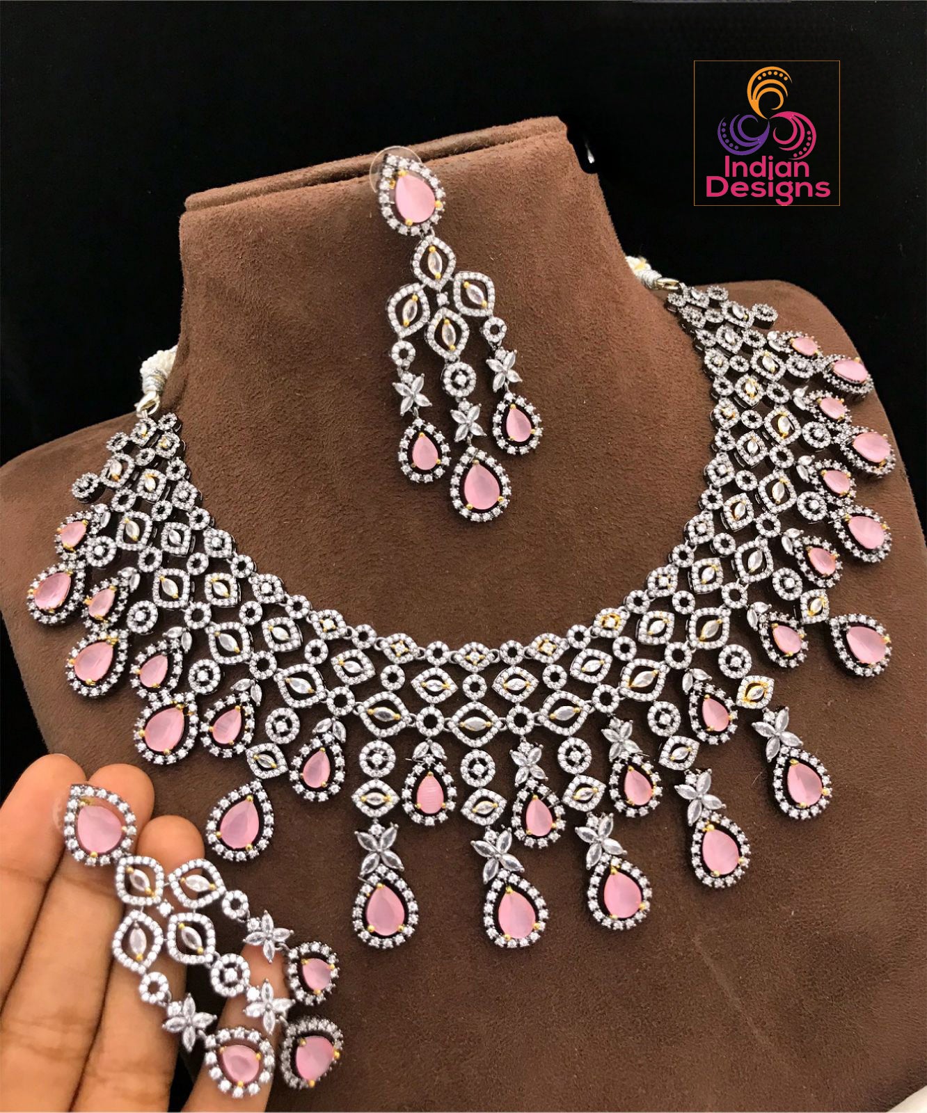 Luxury Victorian Finish American Diamond Wedding Jewelry | Statement Necklace | Indian Bollywood Style CZ Diamond Choker set | Gift for her