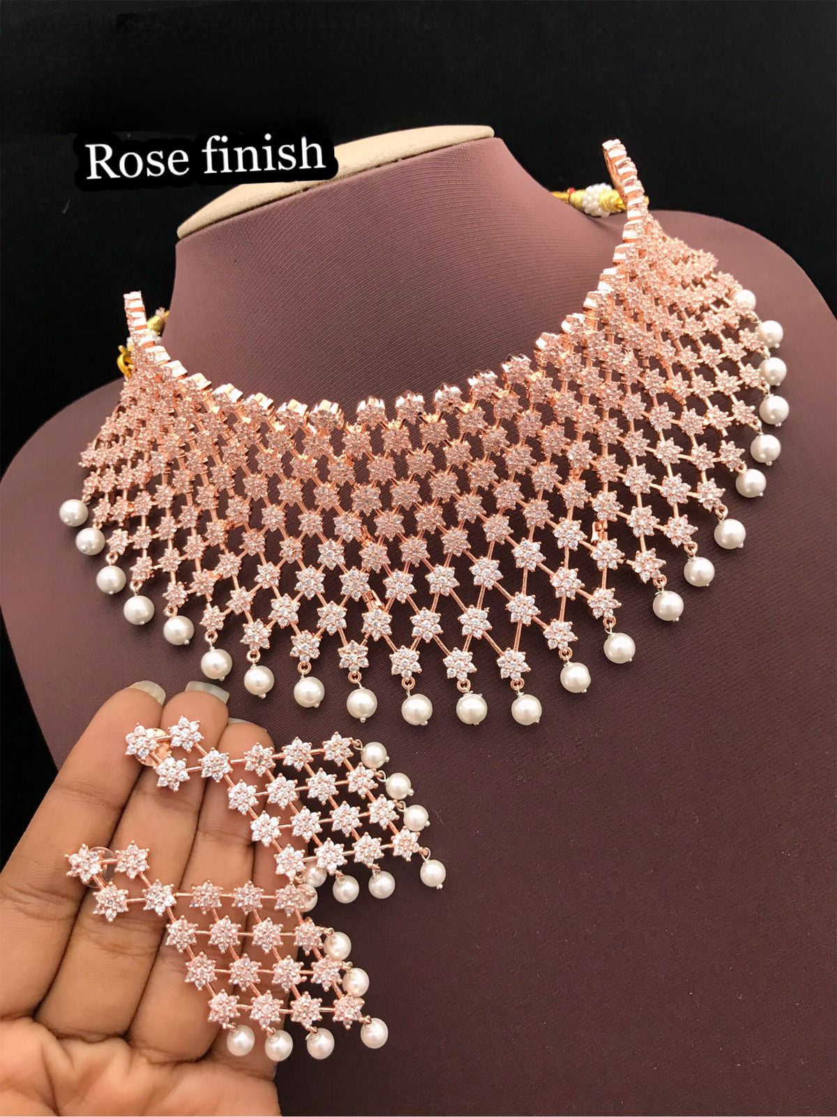 Rose Gold Wedding Choker necklace | American Diamond White Crystal Star Design CZ diamond Bridal necklace Earring set | Bollywood choker set