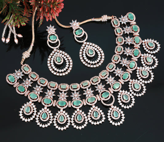 Rose gold American Diamond Mint Green Wedding Choker necklace and Earring set | Indian Bollywood style CZ AD Bridal Necklace Jewelry Set