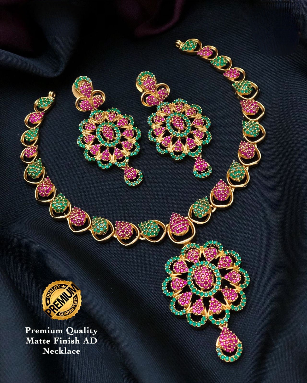 Antique Gold Matte polish American Diamond choker necklace Earring set | South Indian Style Ruby and Emerald Flower Design Wedding Jewelry