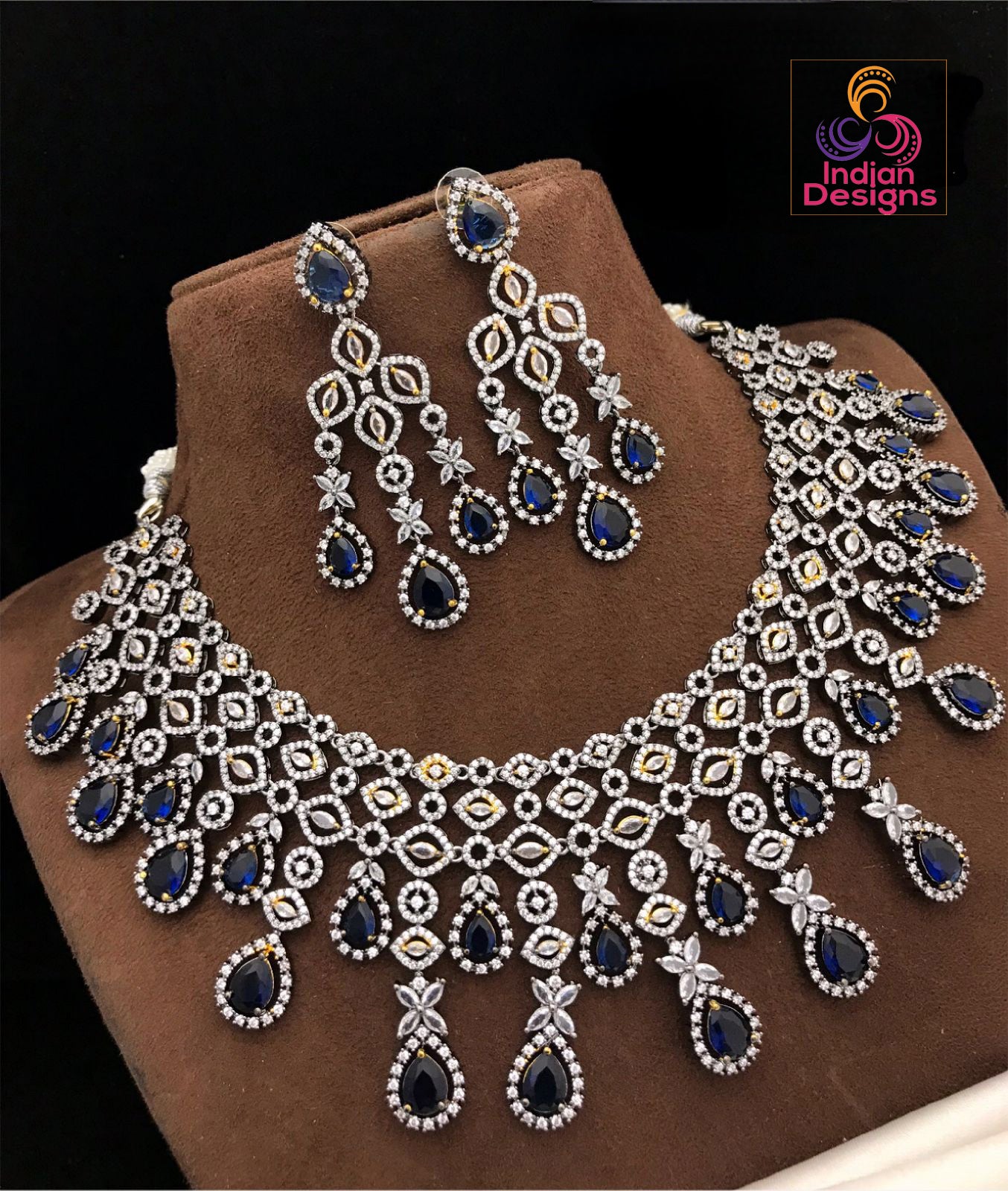 Luxury Victorian Finish American Diamond Wedding Jewelry | Statement Necklace | Indian Bollywood Style CZ Diamond Choker set | Gift for her